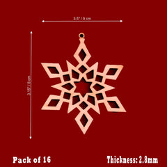 Star-shaped wooden ornament with dimensions and pack details on a red background