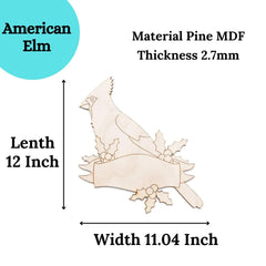 Wooden cardinal decoration with measurements and material details on a white background