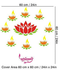 Decorative wall sticker with red lotus and orange lamps on a white background, featuring dimensions and brand name.