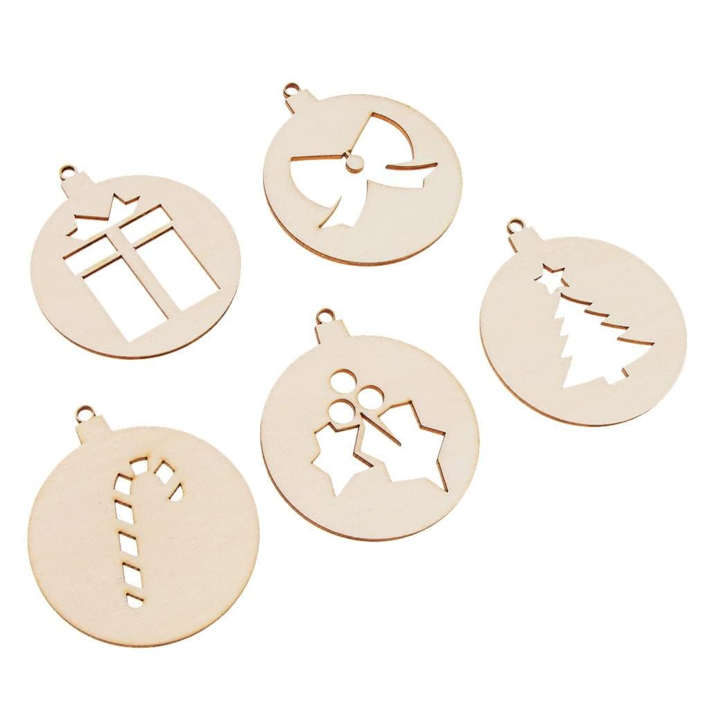 Set of five wooden Christmas ornaments with cut-out shapes on a white background