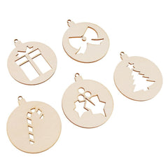 Set of five wooden Christmas ornaments with cut-out shapes on a white background