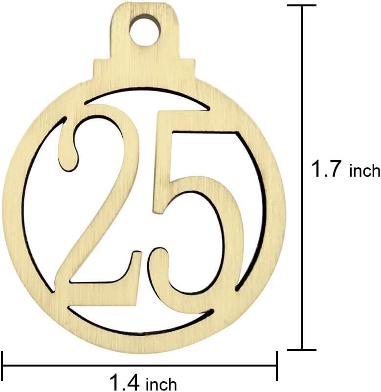 Wooden number '25' pendant with dimensions on a white background