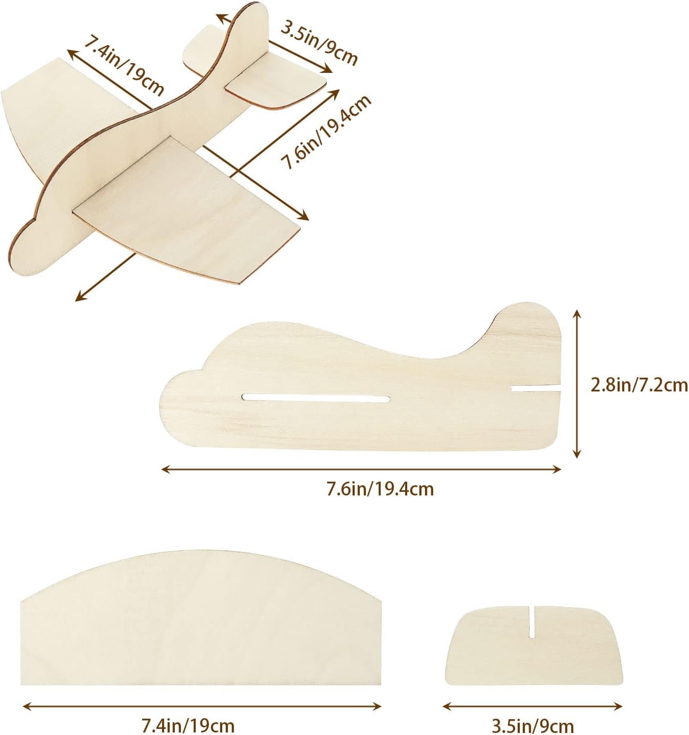 Wooden airplane model with measurements on a white background