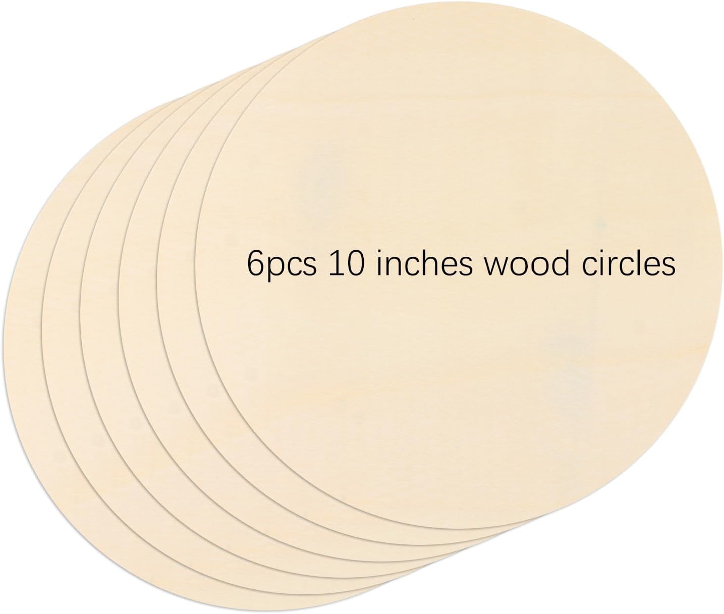 Six wooden circles with text indicating size and quantity on a white background