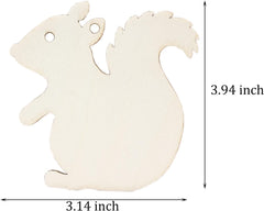 Unfinished wooden squirrel-shaped ornament with measurements on a white background