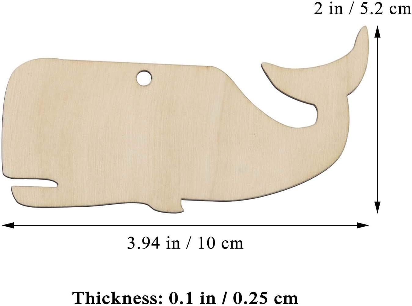Wooden whale-shaped cutout with measurements on a white background