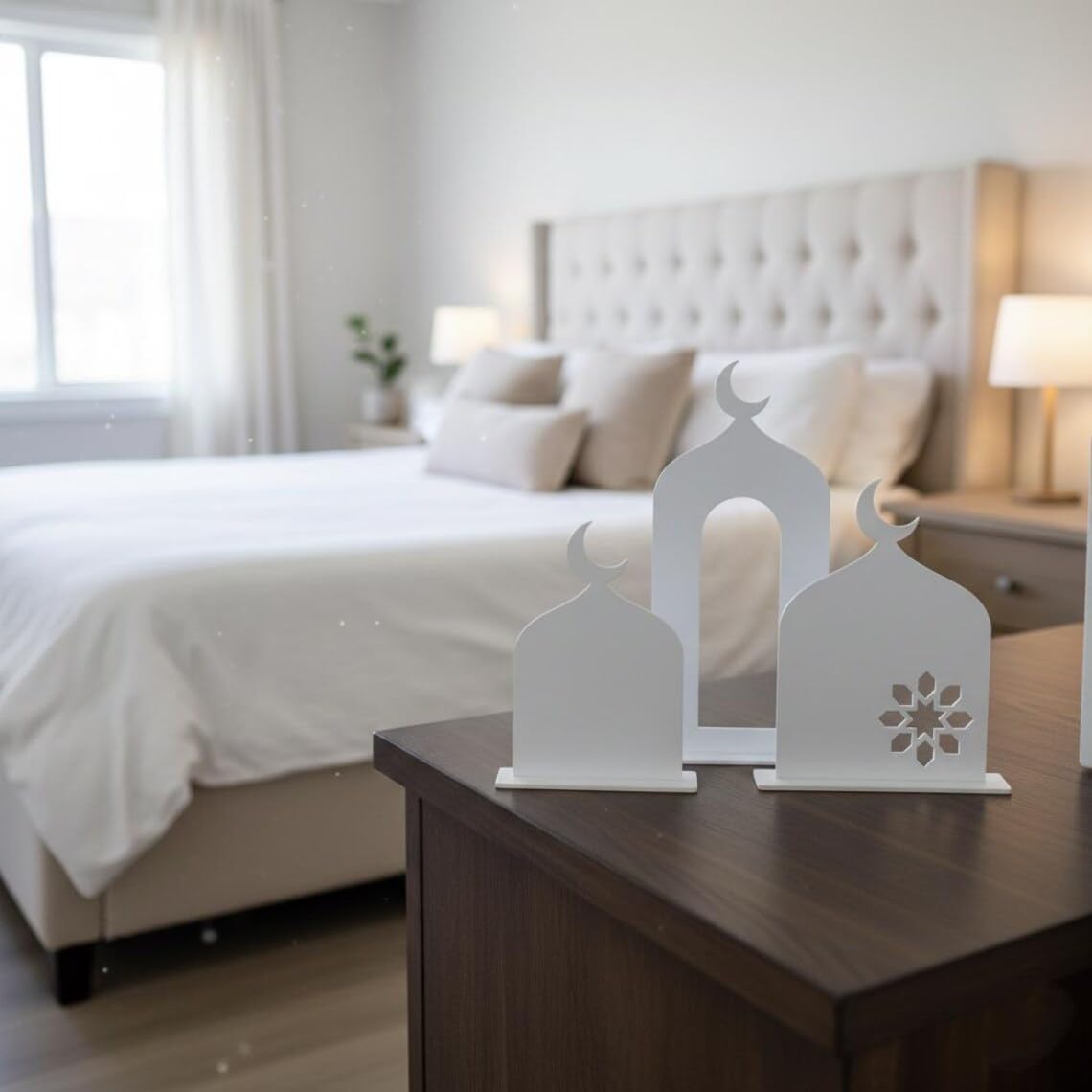 Decorative white lanterns on a wooden nightstand with a bed in the background
