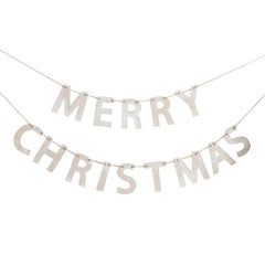 Merry Christmas banner with wooden letters on a white background