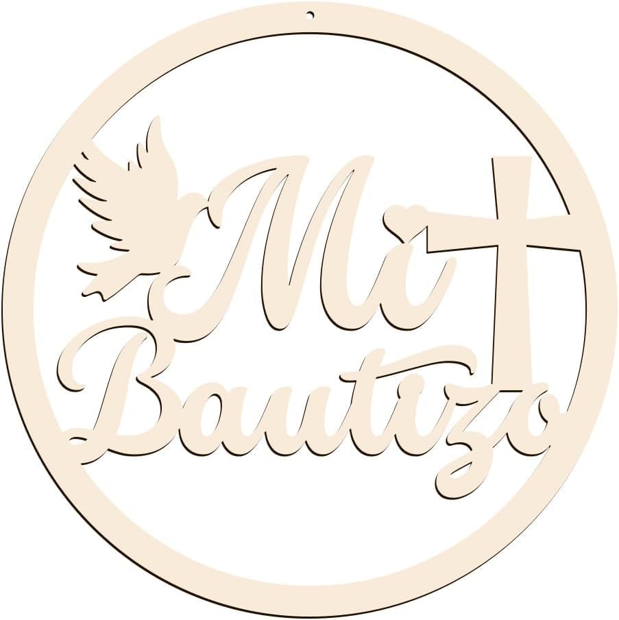 Wooden circular decoration with 'Mi Bautizo' text and dove design on a white background