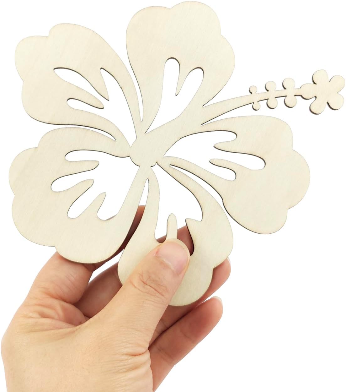 Hand holding a wooden butterfly cutout against a white background