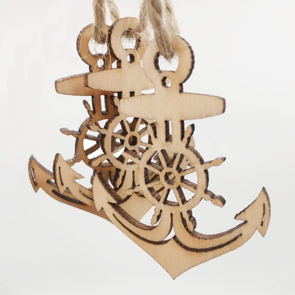 Wooden anchor and wheel ornament on a white background