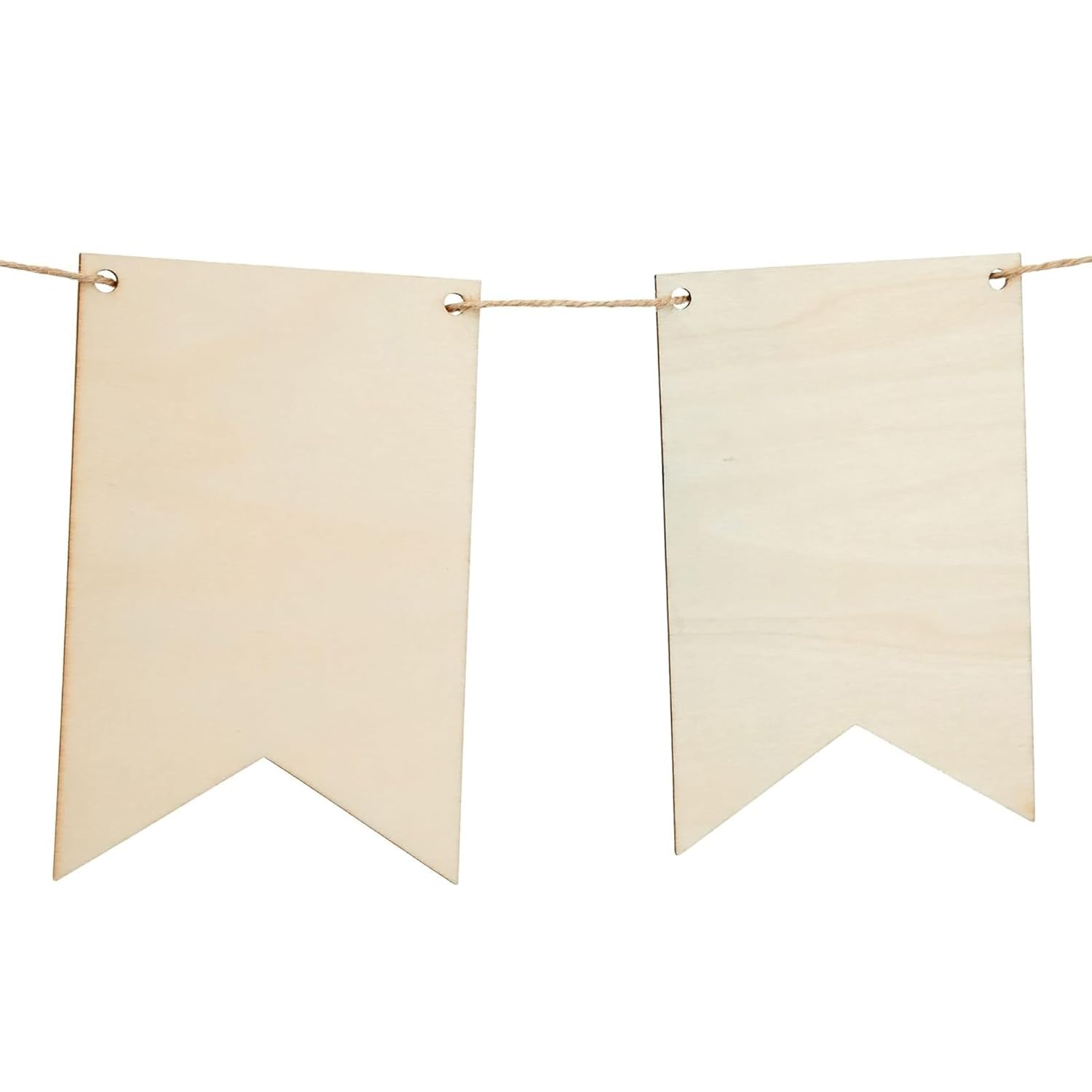 Two beige fabric pennants hanging on a string against a white background