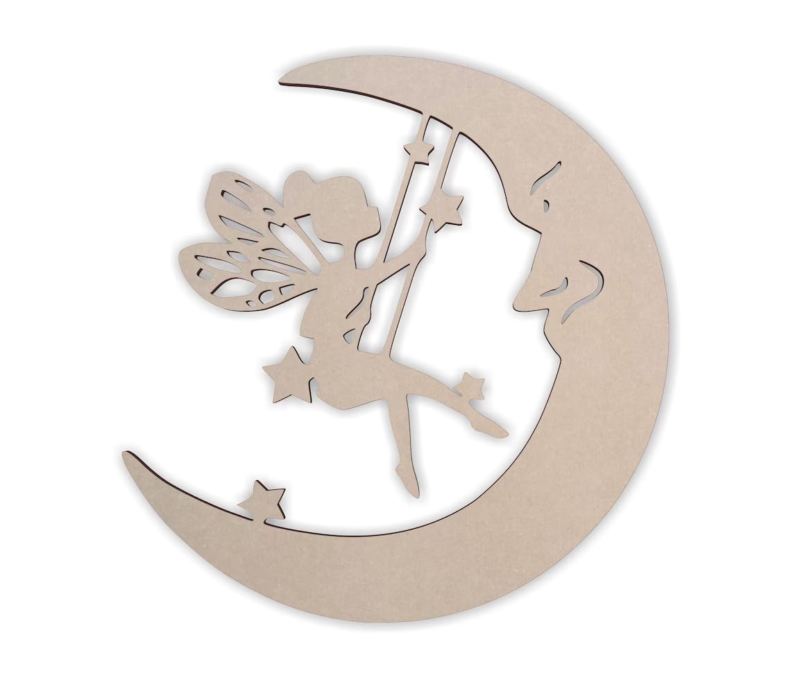 Decorative cutout of a fairy on a moon with stars on a white background