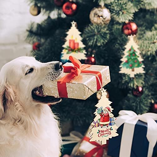 Dog looking at a wrapped gift with a Christmas tree in the background