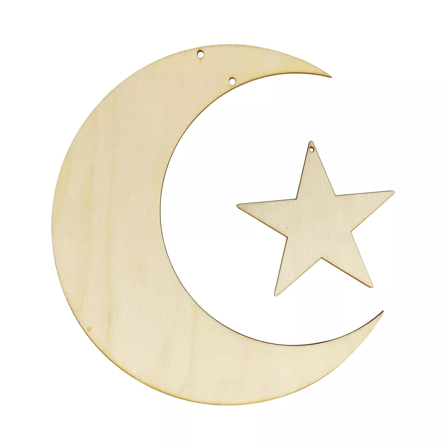 Unfinished wooden cutout of a moon and star on a white background