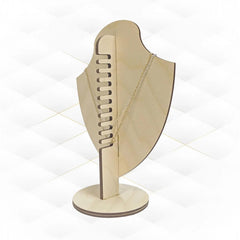 Beige jewelry display stand with a necklace on a white background