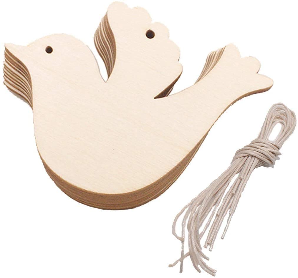 Wooden bird shapes with strings on a white background