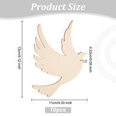 Wooden dove cutout with dimensions on a white background