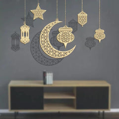 Decorative wall stickers of a crescent moon, star, and lanterns on a dark background.