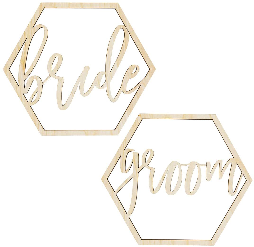 Hexagonal wooden signs with 'bride' and 'groom' text on a white background