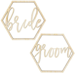 Hexagonal wooden signs with 'bride' and 'groom' text on a white background