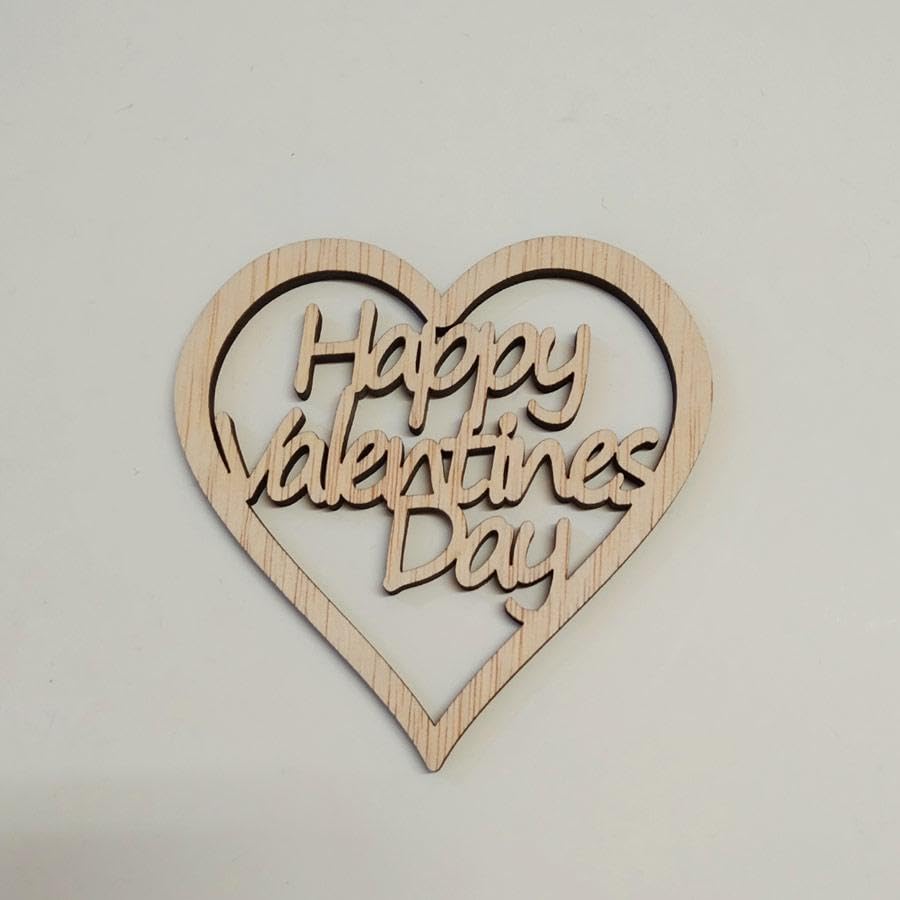 Wooden heart-shaped sign with 'Happy Valentine's Day' text on a light gray background