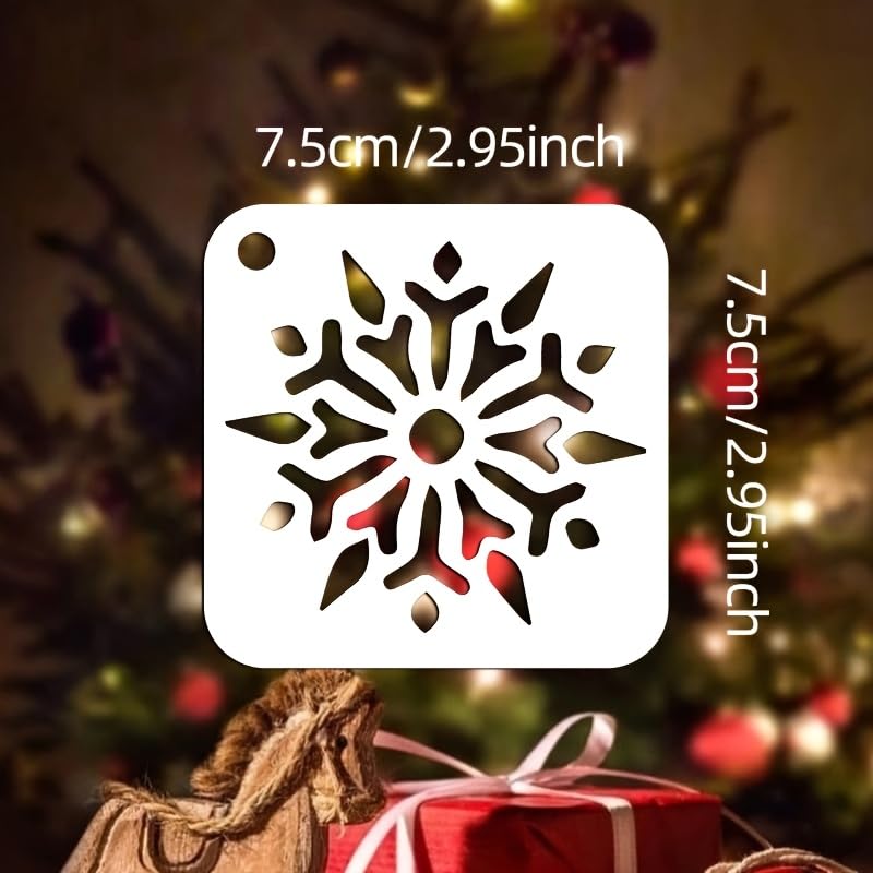 Decorative snowflake stencil with Christmas tree and gift in the background