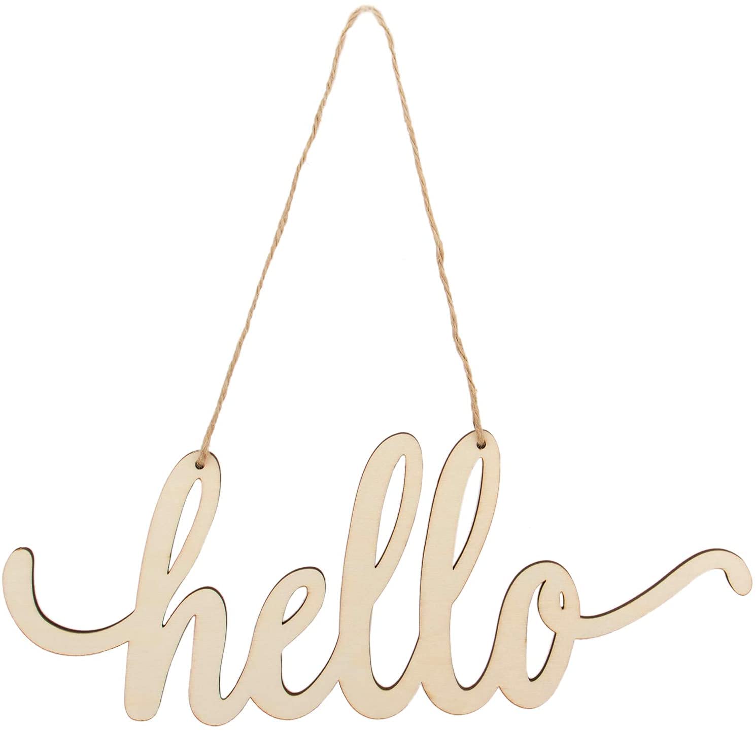 Wooden 'hello' sign hanging on a white background