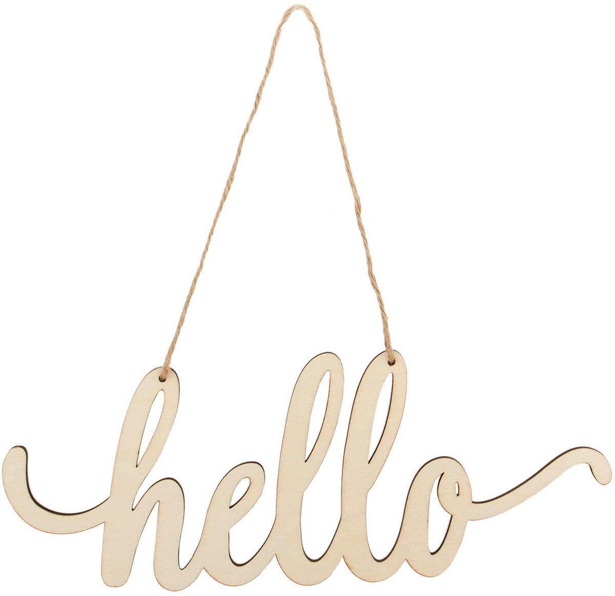 Wooden 'hello' sign hanging on a white background