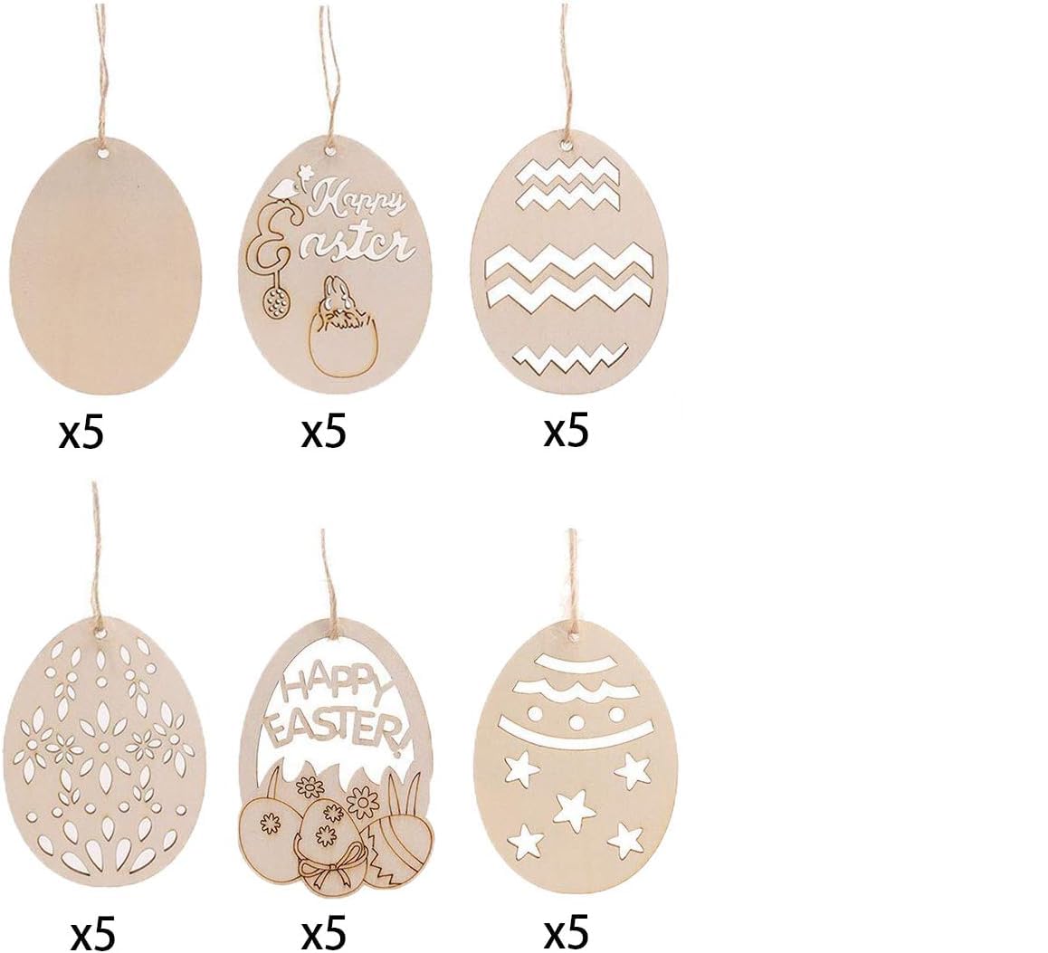 Set of wooden Easter egg decorations with 'Happy Easter' text on a white background
