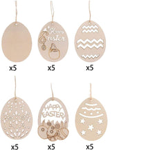 Set of wooden Easter egg decorations with 'Happy Easter' text on a white background