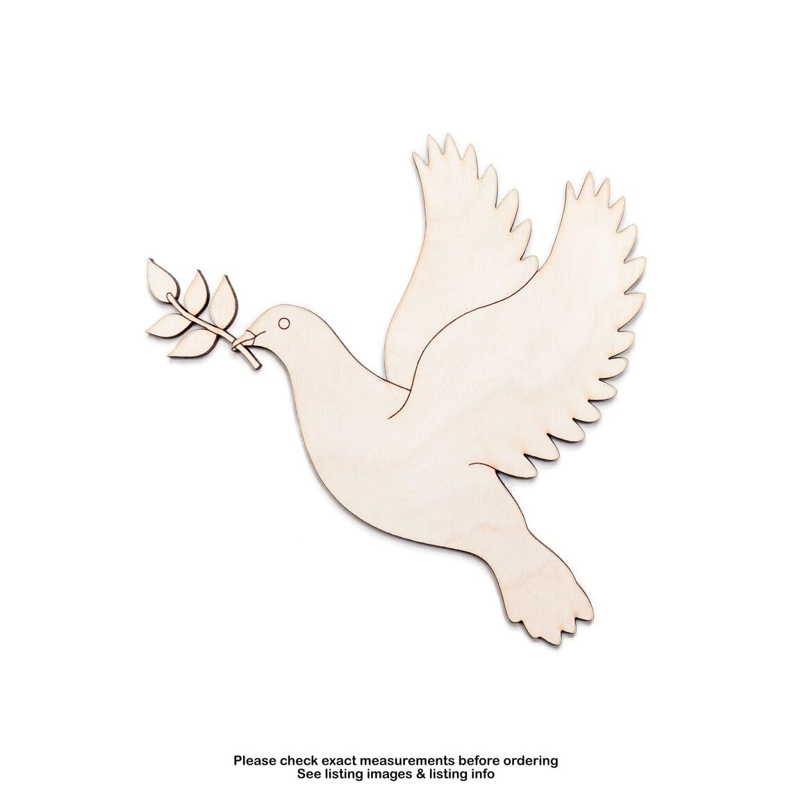 Wooden dove with outstretched wings holding an olive branch on a white background