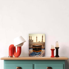 Decorative items on a shelf with a painting of a religious site in the background