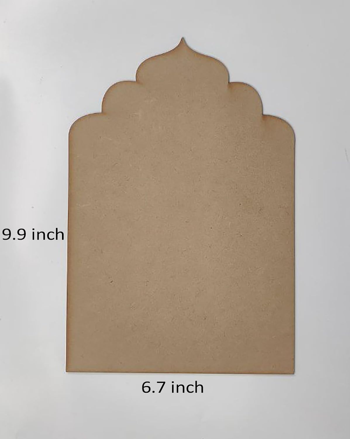Brown cardboard cutout with measurements on a white background