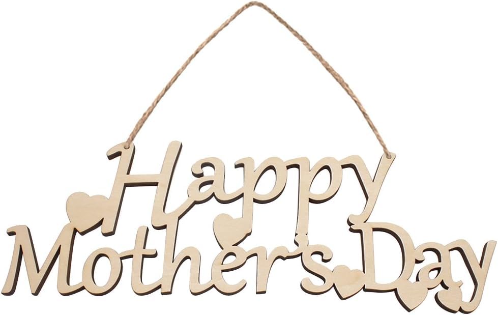 Wooden 'Happy Mother's Day' sign with heart shapes on a white background