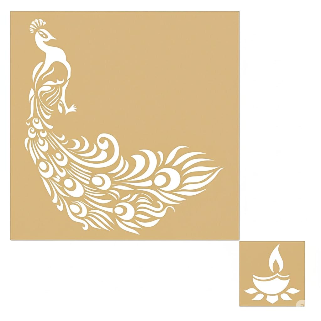 Decorative stencils with peacock design and candle on a gold background