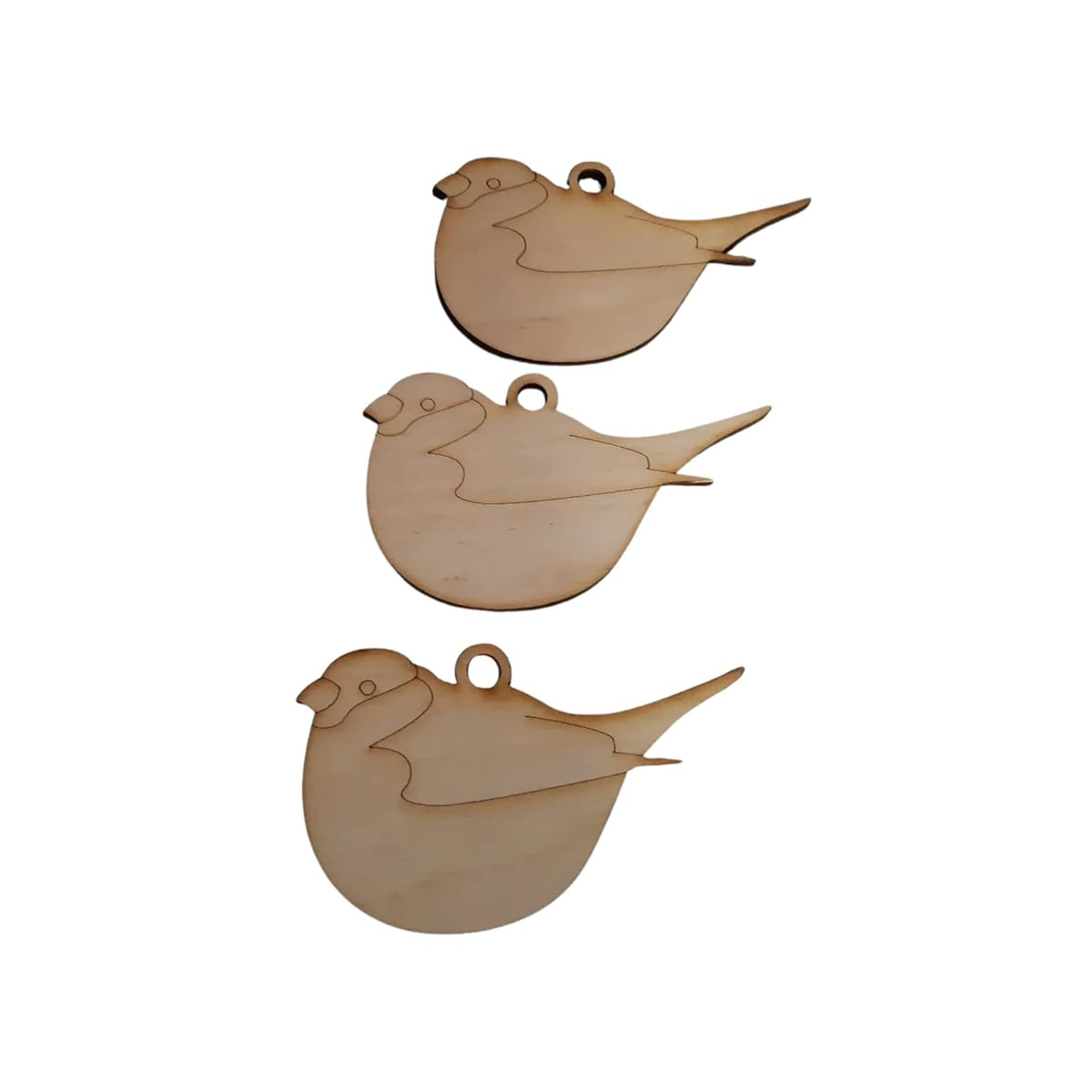 Three wooden bird-shaped ornaments on a white background