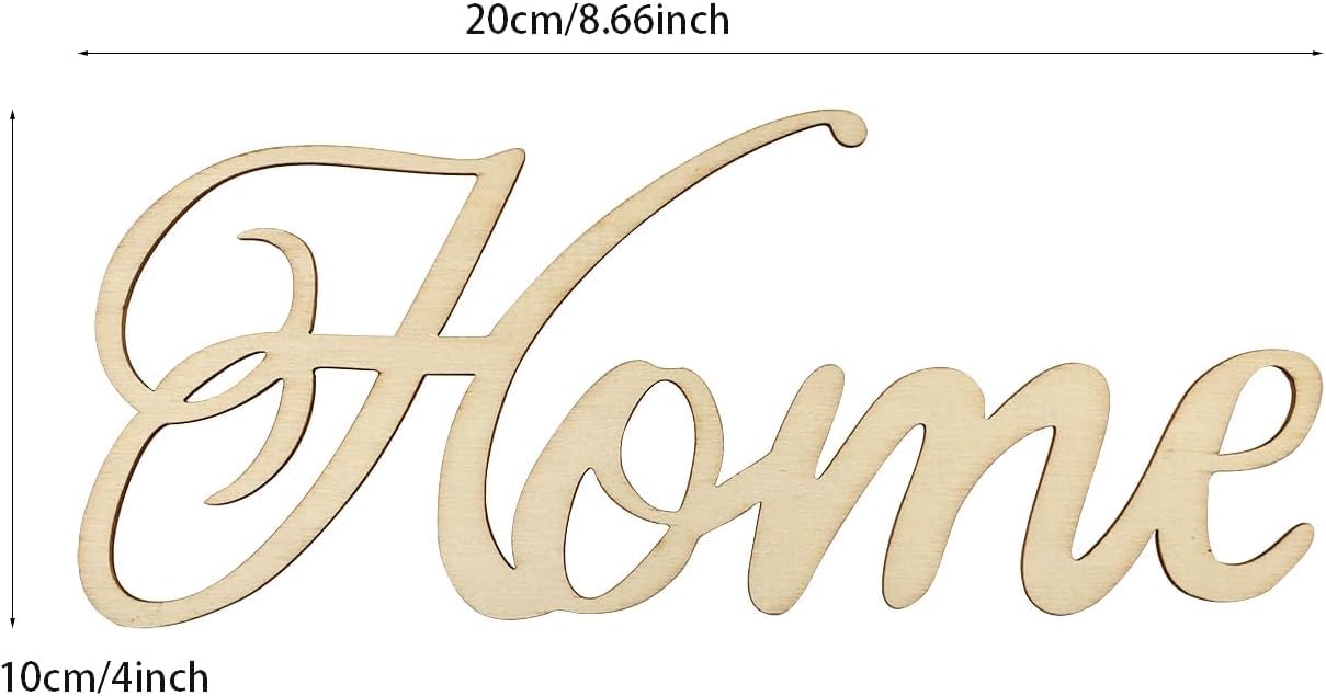 Wooden 'Home' sign with dimensions on a white background