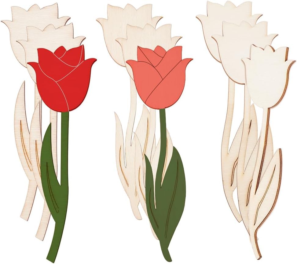 Wooden tulip decorations in red, pink, and white on a white background