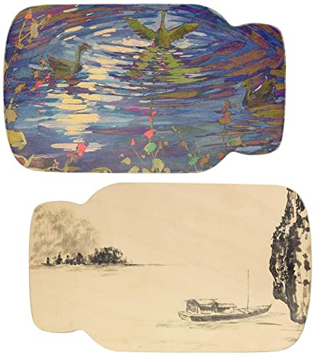 Two artistic illustrations of nature scenes with water, birds, and boats.