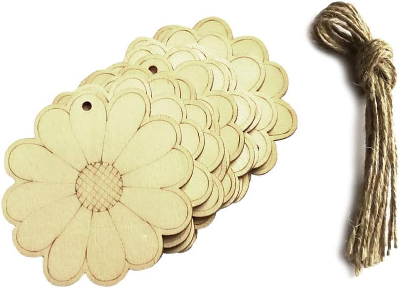 Beige flower-shaped tags with string on a white background