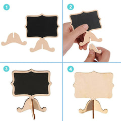Step-by-step process of using a small blackboard with a stand, including assembly and removal.