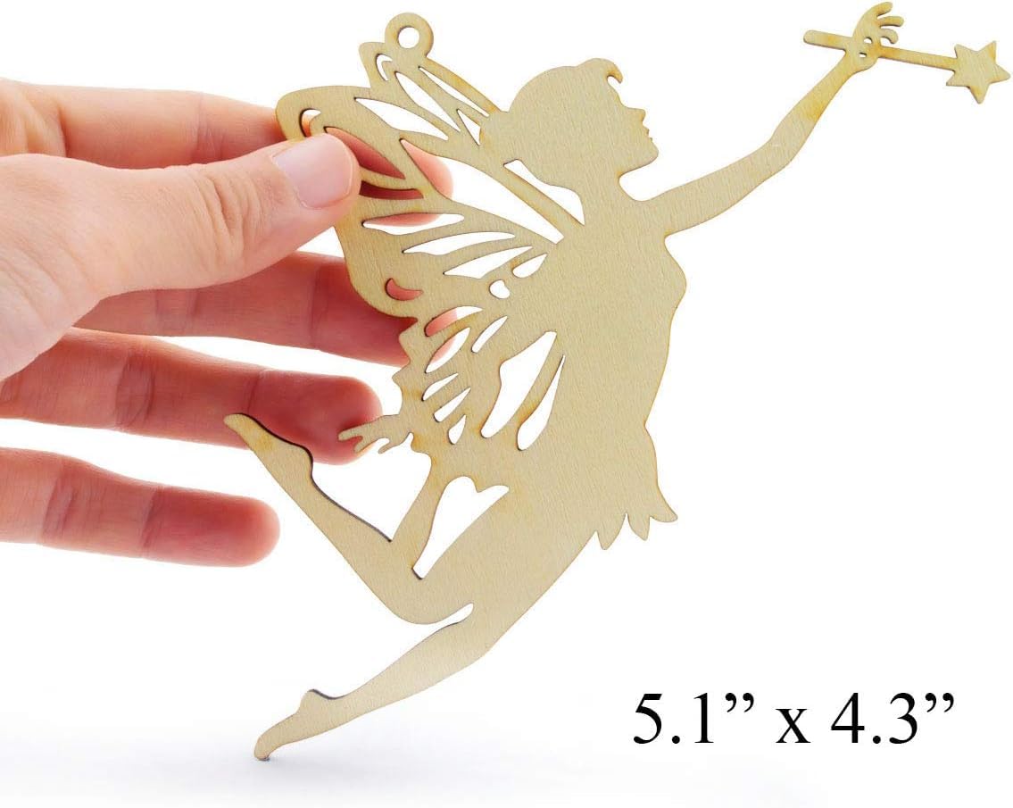Wooden fairy ornament held by a hand with dimensions displayed