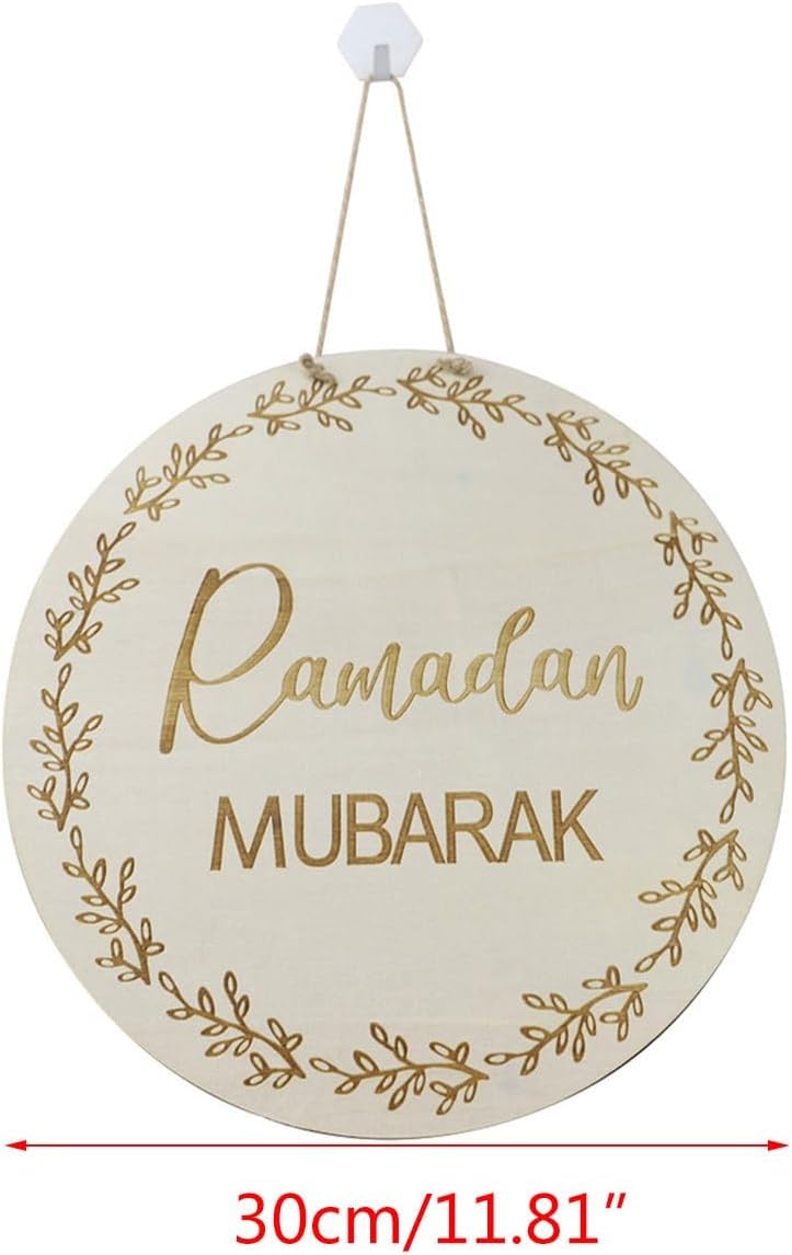 Round wooden sign with 'Ramadan Mubarak' text and decorative elements on a white background.