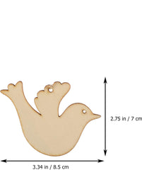 Wooden dove ornament with measurements on a white background