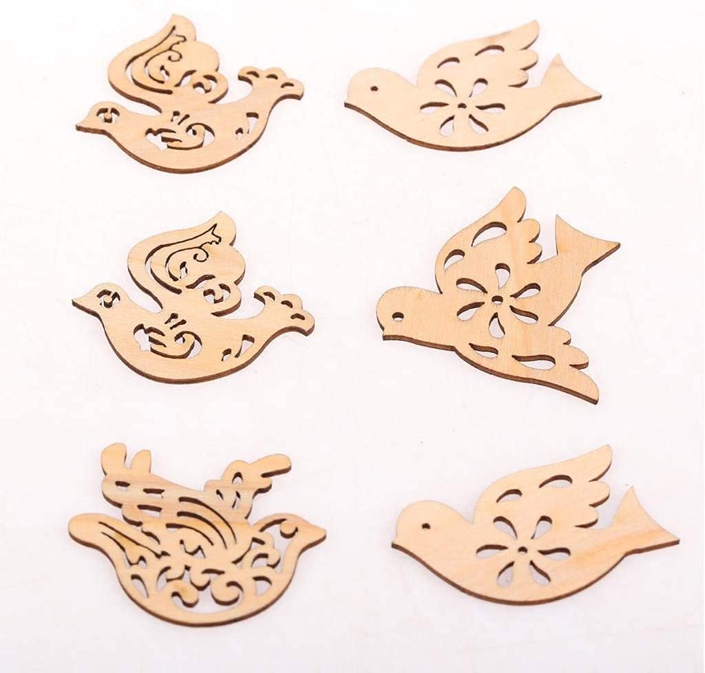 Set of six wooden dove-shaped coasters on a white background