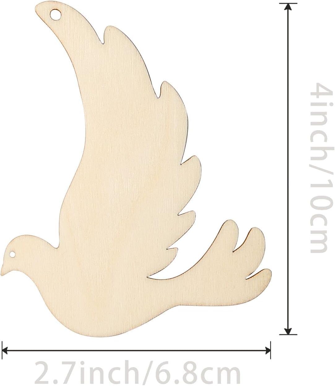 Wooden dove shape with measurements on a white background