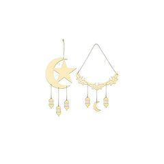 Decorative hanging items with crescent moon, star, and lantern designs on a white background.