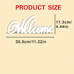 Product size measurement of a decorative 'Welcome' sign on a beige background