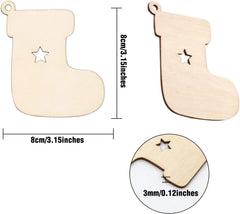 Wooden stocking-shaped ornaments with star cutouts, shown with measurements on a white background.